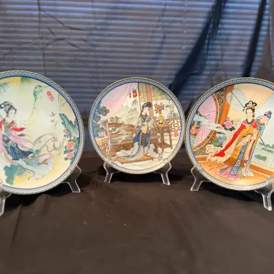 Set of 3 Vintage Oriental Decorative Porcelain Collector Plates – Asian Lady Scenes