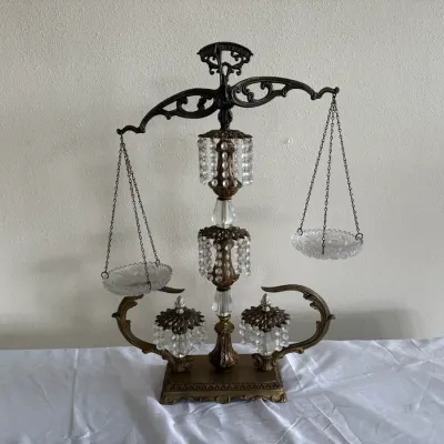 Vintage Antique Balance Scale – Ornate Brass & Crystal Two-Pan Scale