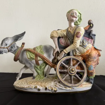 Vintage Hand-Painted Porcelain Figurine Donkey Cart Driver with Monkey – Decorative Collectible Stat