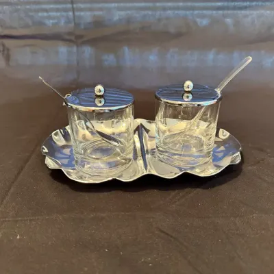Vintage Glass Salt & Pepper Cellar Set with Chrome Lids, Spoons & Serving Tray