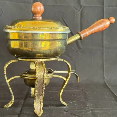 Vintage Mid-Century Brass & Silver-Tone Chafing Dish Set with Wooden Handle 