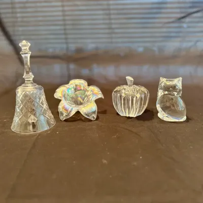Vintage Clear Glass Miniatures Lot – Bell, Apple, Art Glass Flower, Crystal Owl Figurine & Decorativ