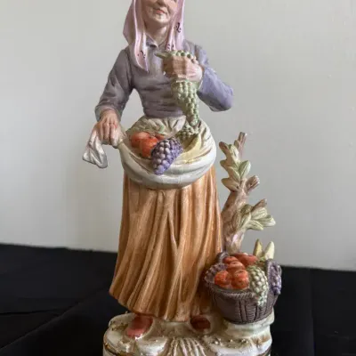 Vintage Ceramic Figurine: Old Fruit Seller Woman – Hand Painted Collectible