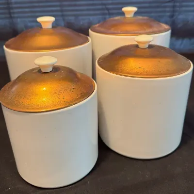 Vintage Farmhouse White Ceramic Kitchen Canisters & Domed Copper Lids - 4 Pc Lot