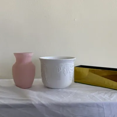 Decorative Vase & Glass Display Set – Pink, White & Amber – 3 Piece