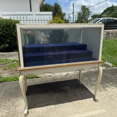 Vintage Glass Display Curio Cabinet on Queen Anne Legs – Locking Display Case, Cream Finish