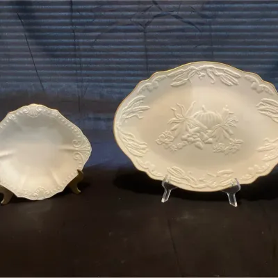 Lenox Decorative Embossed Ivory Ceramic Serving Platter & Bowl Set