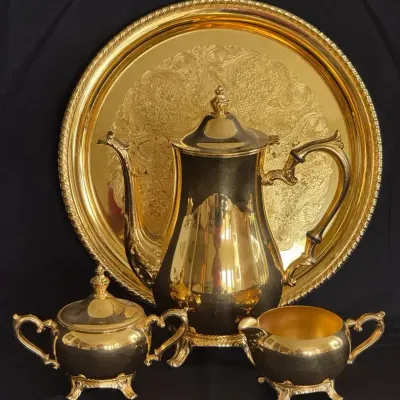 Vintage Gold Plated Coffee/Tea Service Set with Engraved Tray - 4pc