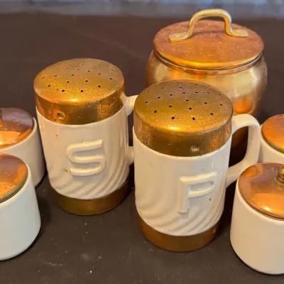 Vintage Mid-Century Ceramic & Copper Spice Jar Set with Salt & Pepper Shakers