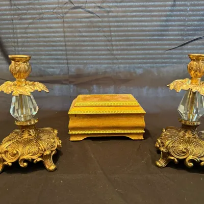 Vintage Ornate Gold Tone Candlestick Holders with Crystal Accents & Decorative Trinket Box – 3 Piece