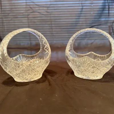 Pair of Vintage Cut Crystal Basket Bowls – Handled Decorative Candy Dishes (Set of 2)