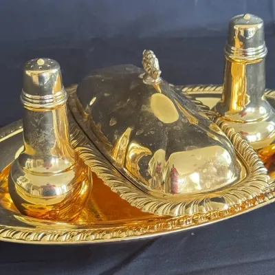 Vintage International Silver Co. Gold Plated Covered Butter Dish & Shaker Set with Tray - 4pc