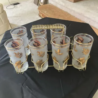 Vintage Frosted Cocktail Glass Set with Gold-Tone Caddy – 7 Glasses, Autumn Leaf Design