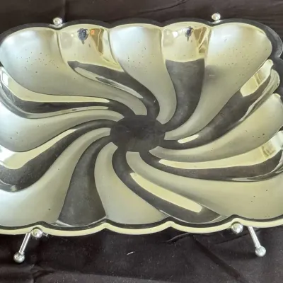 Vintage Mid-Century Chrome Square Swirl Serving Tray – Scalloped Pinwheel Tidbit Dish