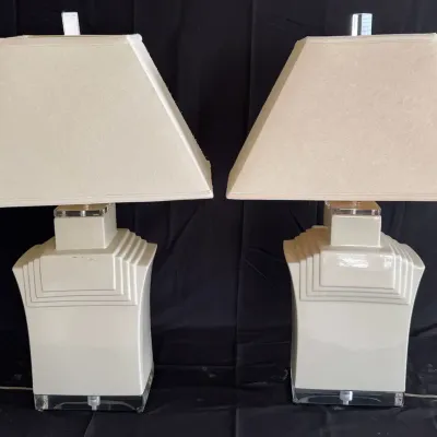 Vintage 1980s Postmodern Bauer Lamp Co. Ceramic & Lucite Table Lamps – Pair (Both work)