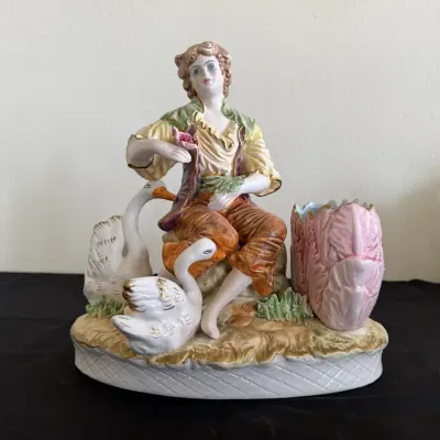 Vintage Victorian Lady with Swans Porcelain Vase Figurine – Hand-Painted Decorative Planter