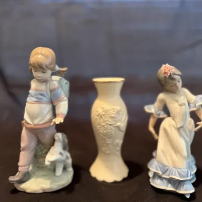 Vintage Porcelain Figurine & Mini Vase Collection – Girl with Dog, Dancing Lady & Floral Bud Vase (3
