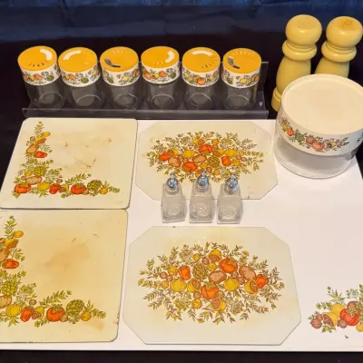 Vintage CorningWare Spice O' Life Pattern Kitchen Lot - Placemats, Jars & Shakers