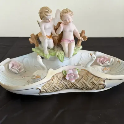 Vintage Porcelain Cherub Trinket Dish with Swans & Pink Roses – Decorative Vanity Catchall