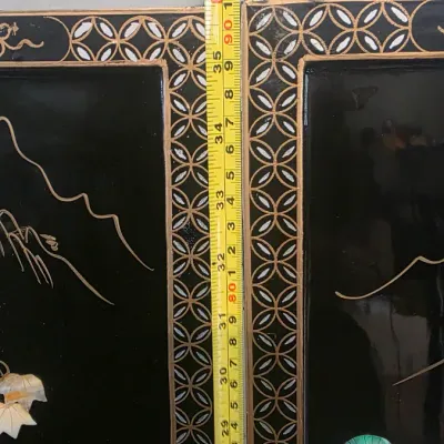 Vintage Asian Black Lacquer Mother of Pearl Wall Art Panels – Pair of Framed Oriental Scenic Inlay Decor