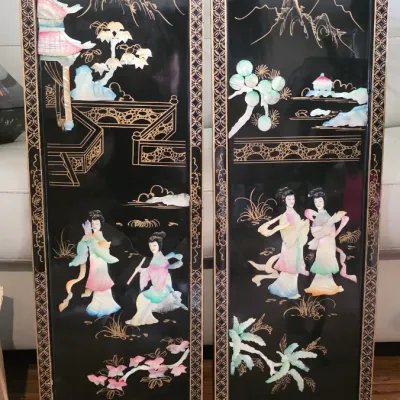 Vintage Asian Black Lacquer Mother of Pearl Wall Art Panels – Pair of Framed Oriental Scenic Inlay Decor
