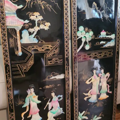 Vintage Asian Black Lacquer Mother of Pearl Wall Art Panels – Pair of Framed Oriental Scenic Inlay Decor