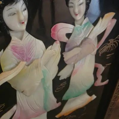 Vintage Asian Black Lacquer Mother of Pearl Wall Art Panels – Pair of Framed Oriental Scenic Inlay Decor