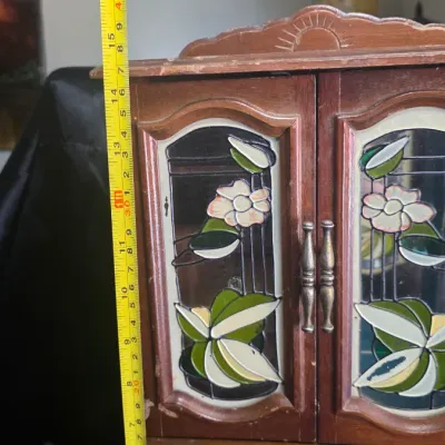 Vintage Wooden Jewelry Cabinet with Floral Glass Doors & Mirror – Tabletop Jewelry Armoire