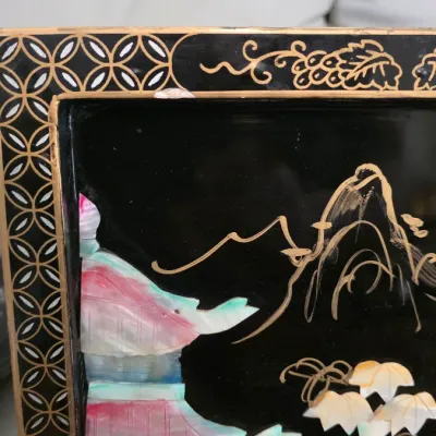 Vintage Asian Black Lacquer Mother of Pearl Wall Art Panels – Pair of Framed Oriental Scenic Inlay Decor