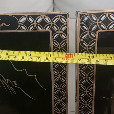 Vintage Asian Black Lacquer Mother of Pearl Wall Art Panels – Pair of Framed Oriental Scenic Inlay Decor