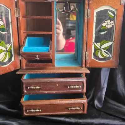 Vintage Wooden Jewelry Cabinet with Floral Glass Doors & Mirror – Tabletop Jewelry Armoire