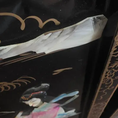 Vintage Asian Black Lacquer Mother of Pearl Wall Art Panels – Pair of Framed Oriental Scenic Inlay Decor
