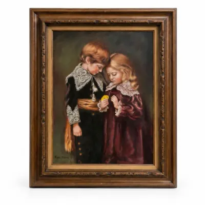 52 signedmeikohayesframedportraitofchildrenoilpainting