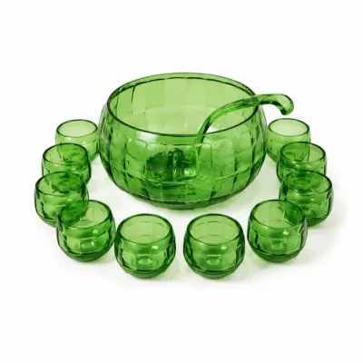 164 vintageemeraldgreenpunchbowlsetwcups ladle