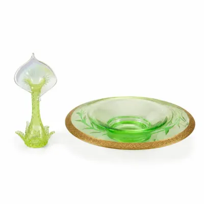 3 uraniumglassconsolebowl jackinpulpitvaseset