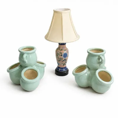 146 asianfloraltablelamp tripleceramicplanters