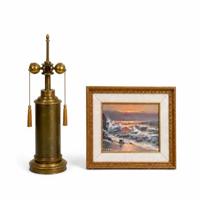 133 vintagebrasstablelamp signedseascapepainting