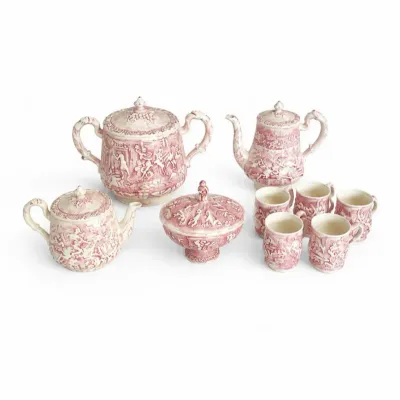 34 vintagepinkmajolicastylepotteryteaset10pclotbeautifulvintage