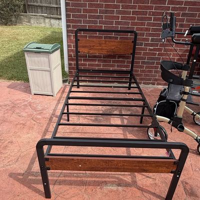 Sale Photo Thumbnail #131: Industrial Style Twin Bed Frame with Wood Headboard and Footboard