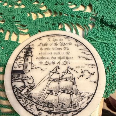 Sale Photo Thumbnail #603: Marble Decorative Plaque with John 8:12 Scripture and Nautical Scene