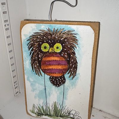 Sale Photo Thumbnail #575: Whimsical Owl Mixed Media Wall Plaque