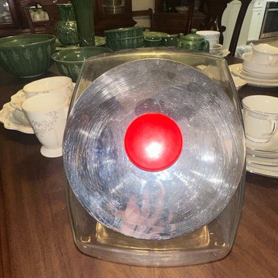 Sale Photo Thumbnail #310: Vintage Glass Countertop Candy Jar with Red Knob Chrome Lid