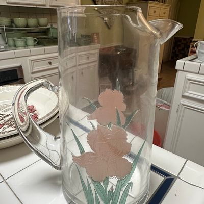 Sale Photo Thumbnail #336: Vintage Cerve Frosted Glass Pitcher with Pink Irises
