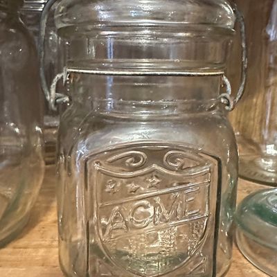 Sale Photo Thumbnail #446: Vintage Acme "Shield" Embossed Pint Jar with Wire Bail