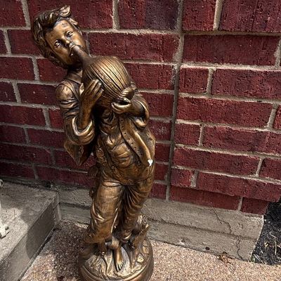 Sale Photo Thumbnail #193: Vintage Cast Resin Boy with Jug Statue, Faux Bronze Finish