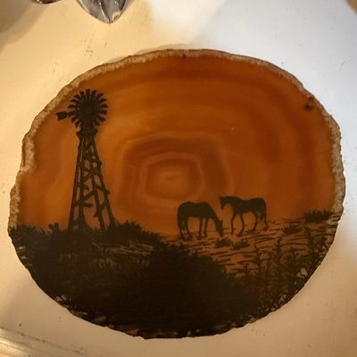 Sale Photo Thumbnail #316: Hand Painted Farm Scene Agate Slice with Windmill and Horses