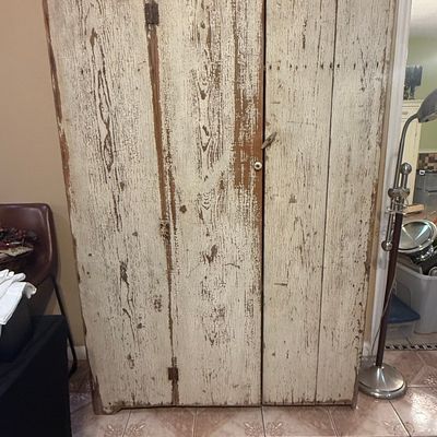 Sale Photo Thumbnail #3: Antique Primitive Two-Door Pine Wardrobe with Chippy White Paint