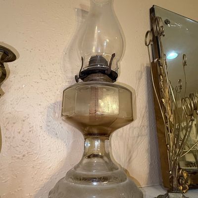 Sale Photo Thumbnail #189: Antique EAPG Oil Lamp with Scrollwork Base and Octagonal Font