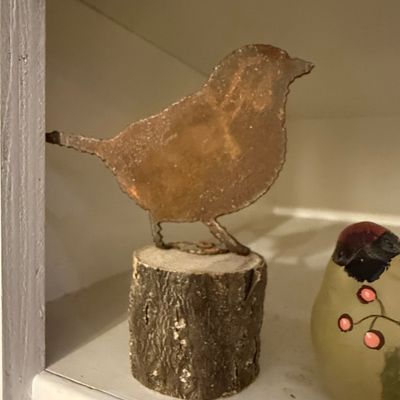 Rusty Metal Bird on Wood Base