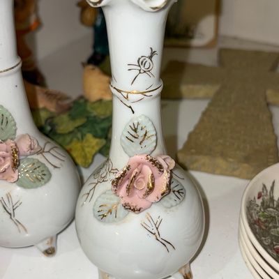 Sale Photo Thumbnail #568: Vintage Porcelain Bud Vase Pair with Applied Roses and Gold Trim